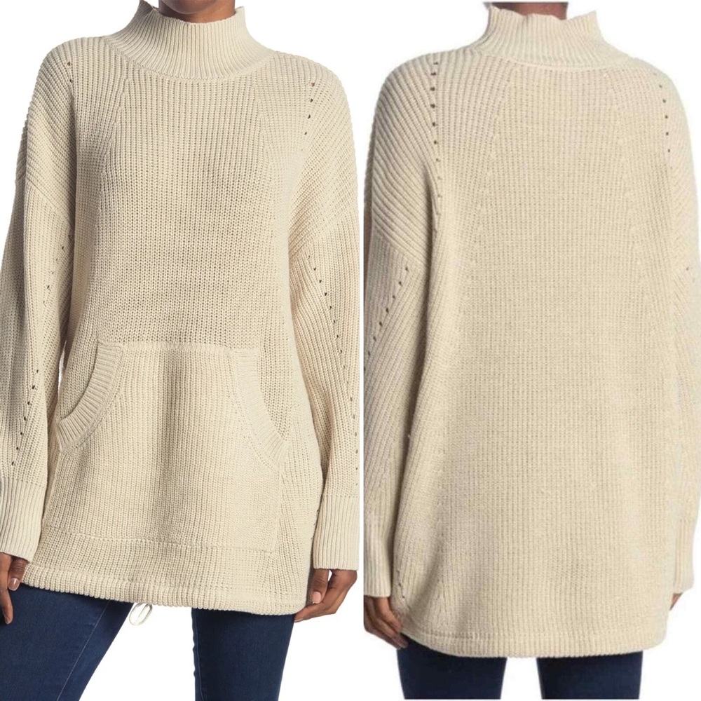 RDI Mock Neck Kangaroo Pocket Ribbed Tunic Sweater White Beach